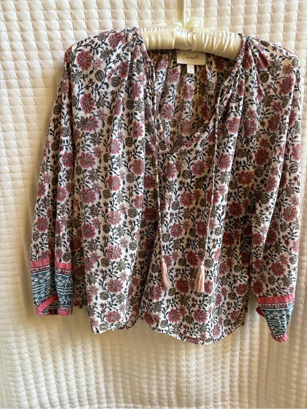 Cleobella Floral Cotton Boho Tassel Blouse Small